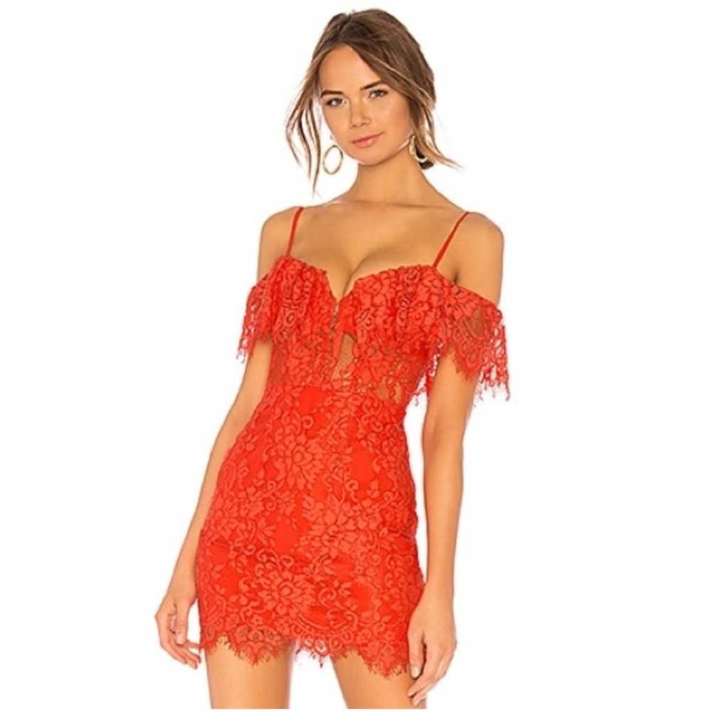 NBD x NAVEN Allie Coral Pink Orange Lace Off the Shoulder Bustier Dress NWT Sz M